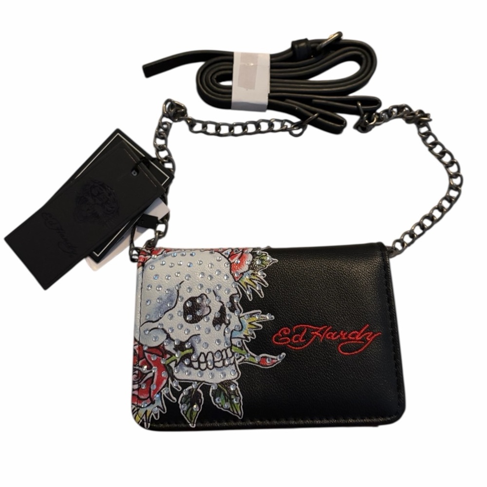 Ed Hardy Black Wallet Skull Black Chain‎ Crossbody Purse New